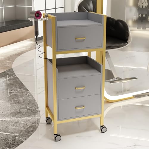 Hair Styling Salon Trolley Cart with Wheels and 3 Drawers Salon Storage Trolley Cart with Dryer Holder for Barber Hairdresser Cosmetology Stylist Storage Station(White)
