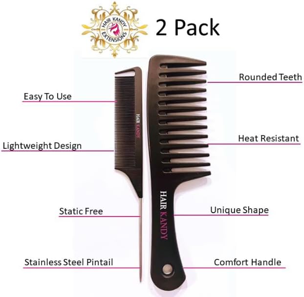Hair Kandy Extensions Hair Styling Comb Set - Includes 1 x Wide Tooth Comb & 1 x Rat Tail Comb - Professional Grade for All Hair Types - 1 set