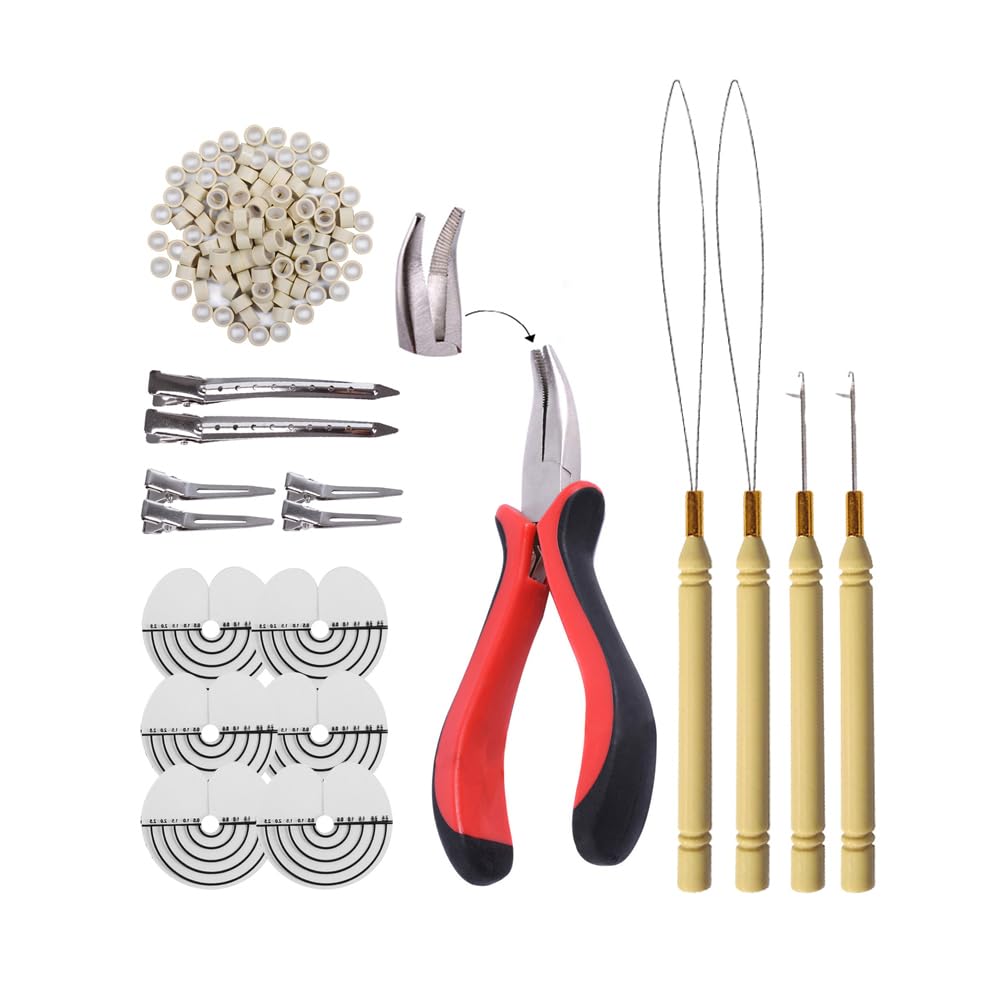 Hair Extensions Tools Kit: I-tip Hair Pliers, Micro Pulling Needle, Loop Threader and 200 Pcs Micro Silicone Rings Beads for Hair and Feather Extensions (Black)