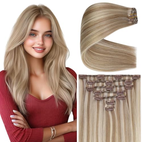 Clip in Hair Extensions Remy Human Hair Extensions for Women Real Hair Clip in Extensions Double Weft Dark Brown Balayage Medium Brown (12 inch-5pcs/80g, 14-24 inch-7pcs/120g)