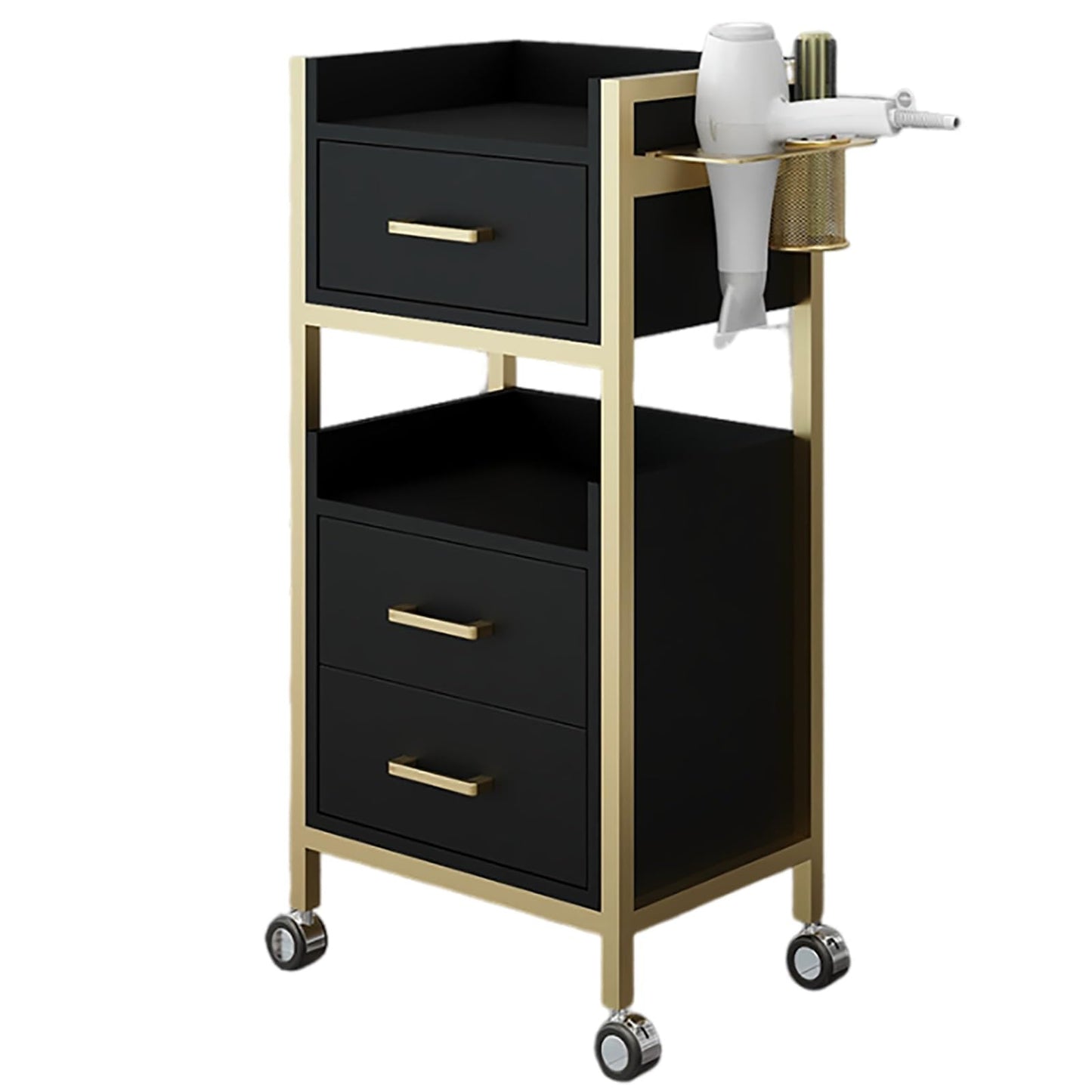 Hair Styling Salon Trolley Cart with Wheels and 3 Drawers Salon Storage Trolley Cart with Dryer Holder for Barber Hairdresser Cosmetology Stylist Storage Station(White)