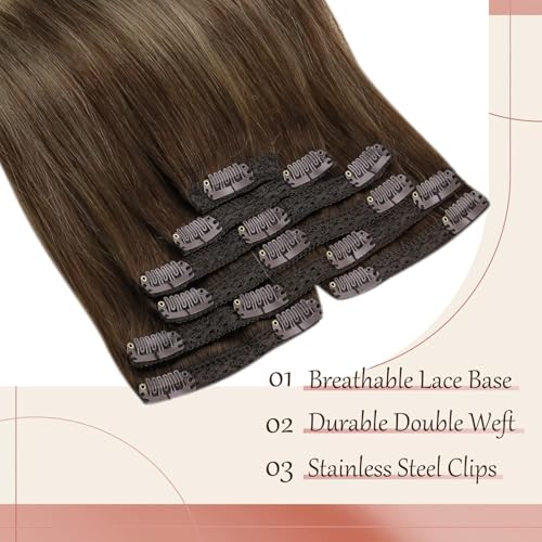 Clip in Hair Extensions Remy Human Hair Extensions for Women Real Hair Clip in Extensions Double Weft Dark Brown Balayage Medium Brown (12 inch-5pcs/80g, 14-24 inch-7pcs/120g)
