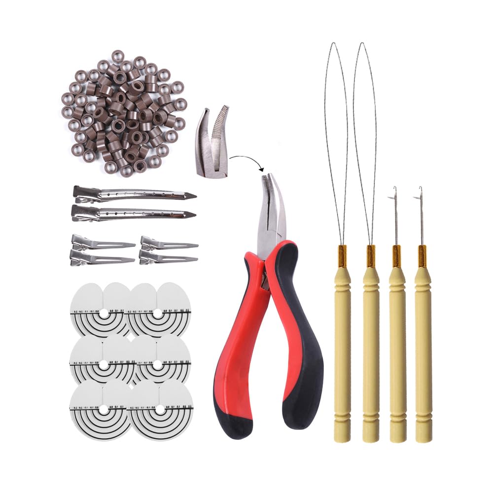 Hair Extensions Tools Kit: I-tip Hair Pliers, Micro Pulling Needle, Loop Threader and 200 Pcs Micro Silicone Rings Beads for Hair and Feather Extensions (Black)