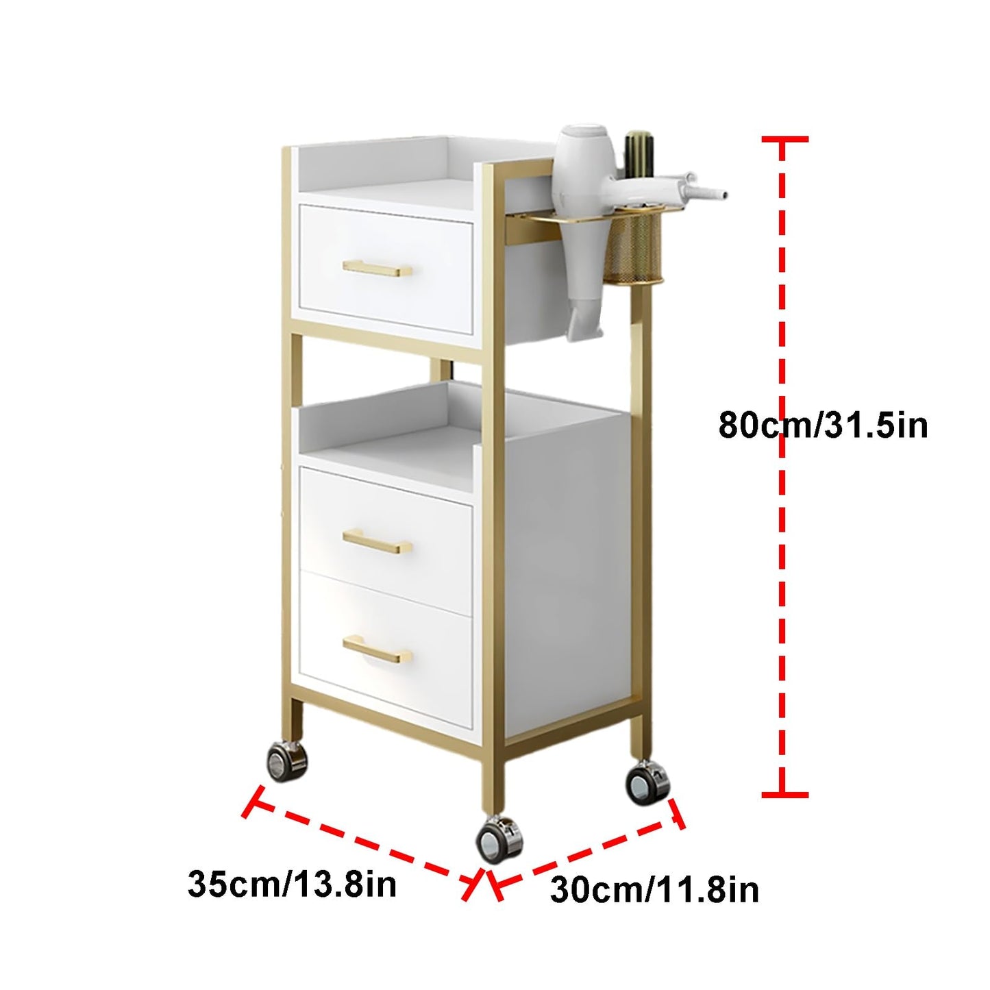 Hair Styling Salon Trolley Cart with Wheels and 3 Drawers Salon Storage Trolley Cart with Dryer Holder for Barber Hairdresser Cosmetology Stylist Storage Station(White)
