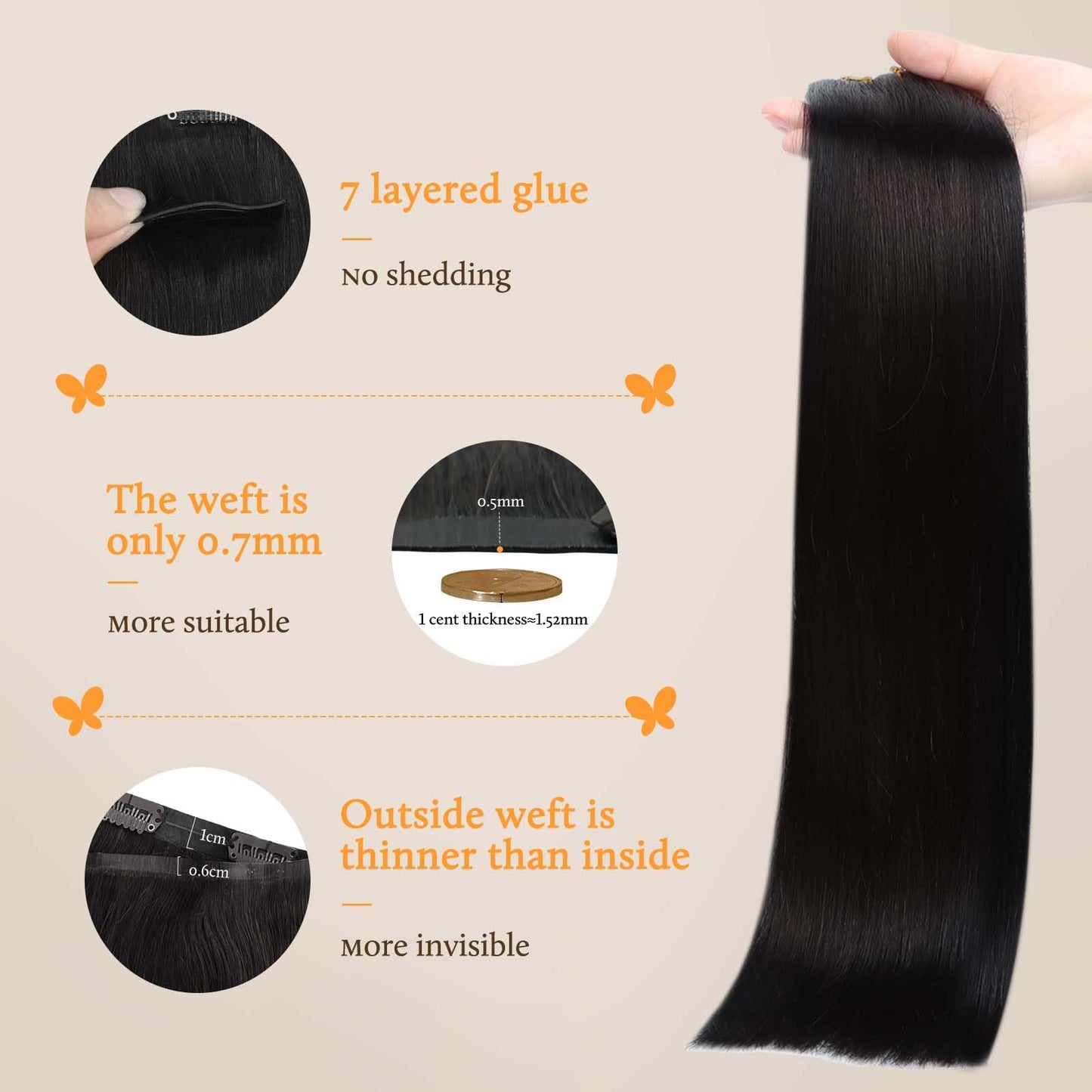 DOORES Seamless Clip in Hair Extensions Real Human Hair, Jet Black 150g 7pcs 20 Inch, Hair Extensions Clip in Human Hair Extensions Clip ins with Thin Weft Thick Straight Hair