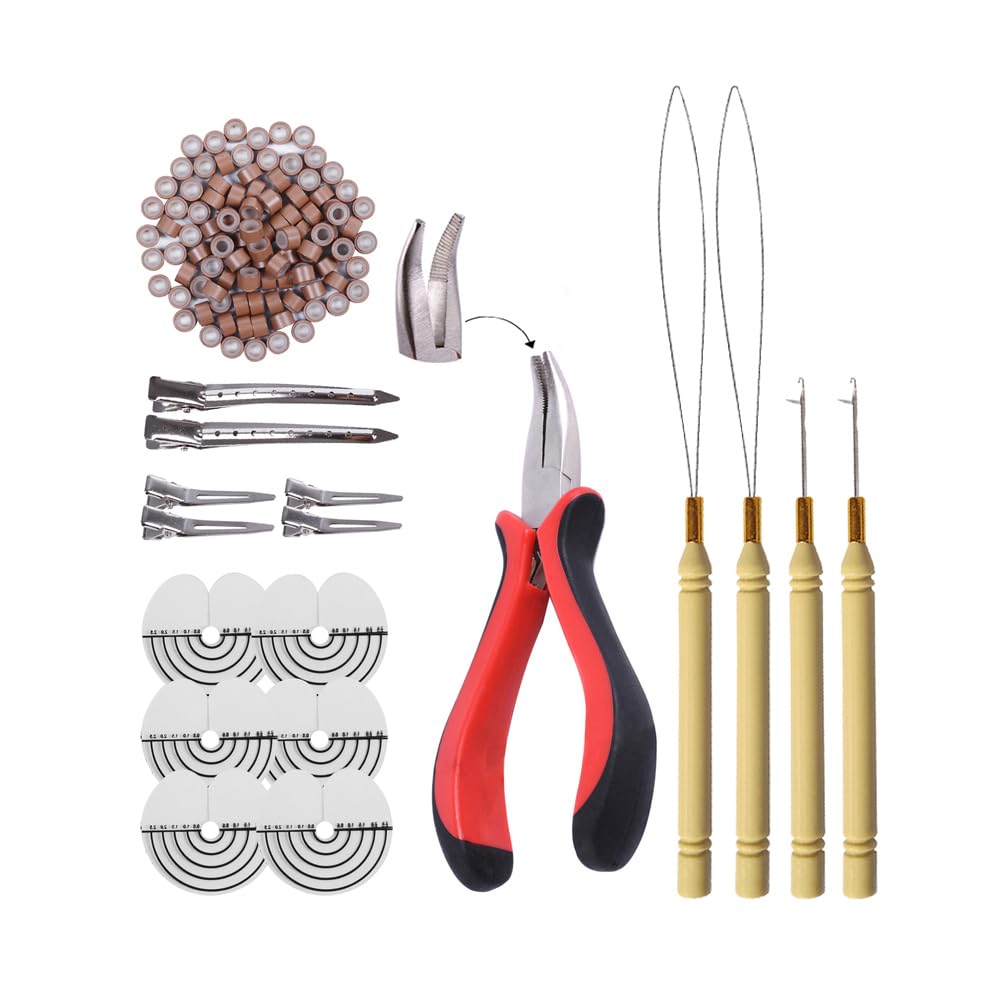 Hair Extensions Tools Kit: I-tip Hair Pliers, Micro Pulling Needle, Loop Threader and 200 Pcs Micro Silicone Rings Beads for Hair and Feather Extensions (Black)