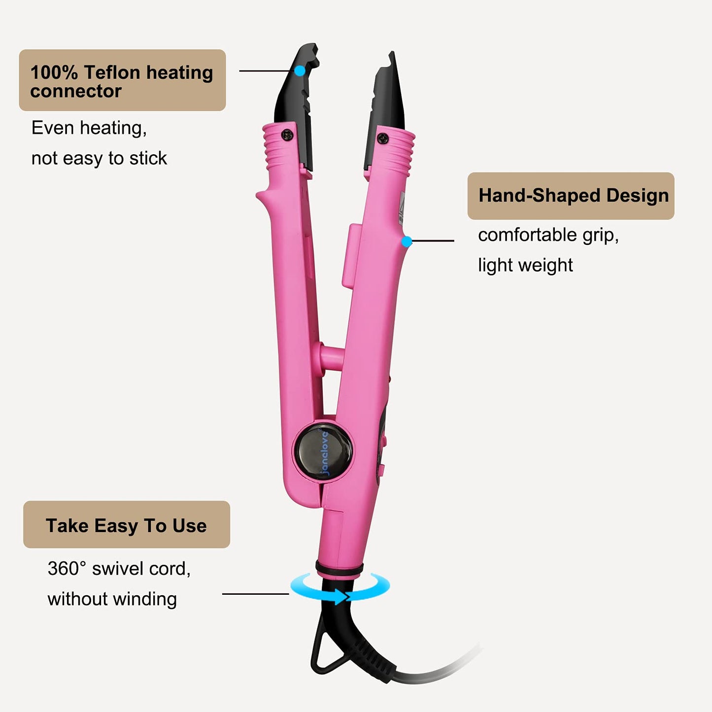 janelove Professional Hair Extensions Iron, Fusion Heat Connector Wand, Pre Bonded Hair Extensions Iron Kit Glue Gun Tool, UK Plug, 210°F-390°F Temperature Adjust (Pink)