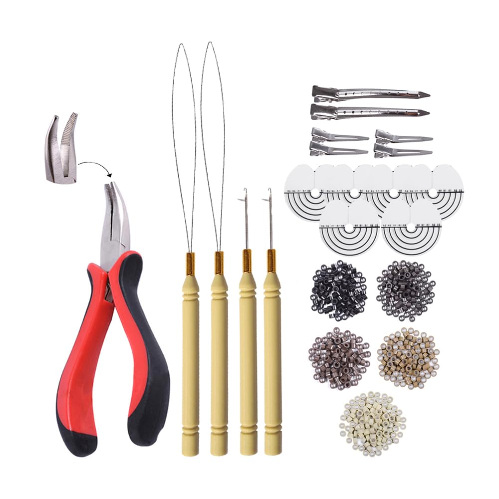 Hair Extensions Tools Kit: I-tip Hair Pliers, Micro Pulling Needle, Loop Threader and 200 Pcs Micro Silicone Rings Beads for Hair and Feather Extensions (Black)