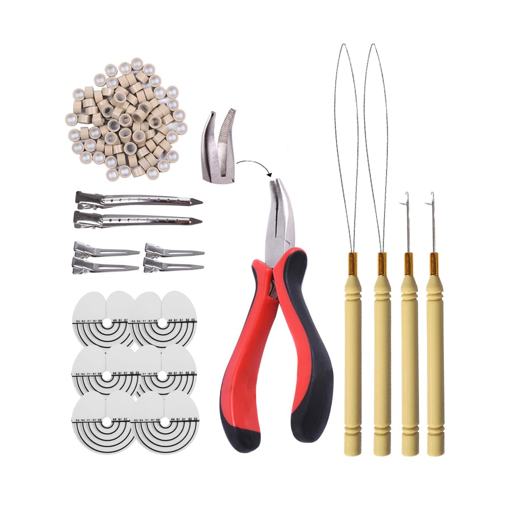 Hair Extensions Tools Kit: I-tip Hair Pliers, Micro Pulling Needle, Loop Threader and 200 Pcs Micro Silicone Rings Beads for Hair and Feather Extensions (Black)