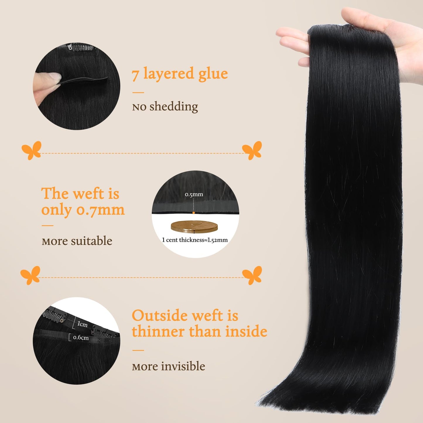 DOORES Seamless Clip in Hair Extensions Real Human Hair, Jet Black 150g 7pcs 20 Inch, Hair Extensions Clip in Human Hair Extensions Clip ins with Thin Weft Thick Straight Hair