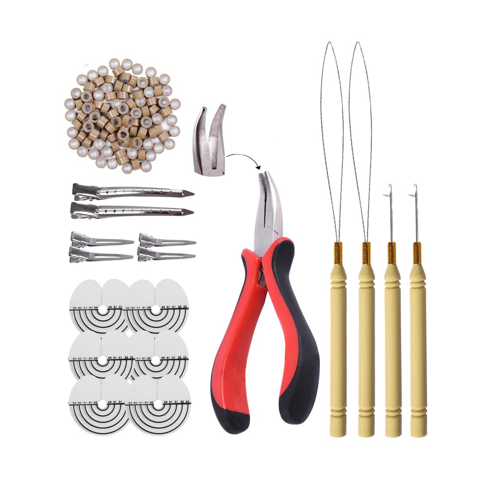 Hair Extensions Tools Kit: I-tip Hair Pliers, Micro Pulling Needle, Loop Threader and 200 Pcs Micro Silicone Rings Beads for Hair and Feather Extensions (Black)