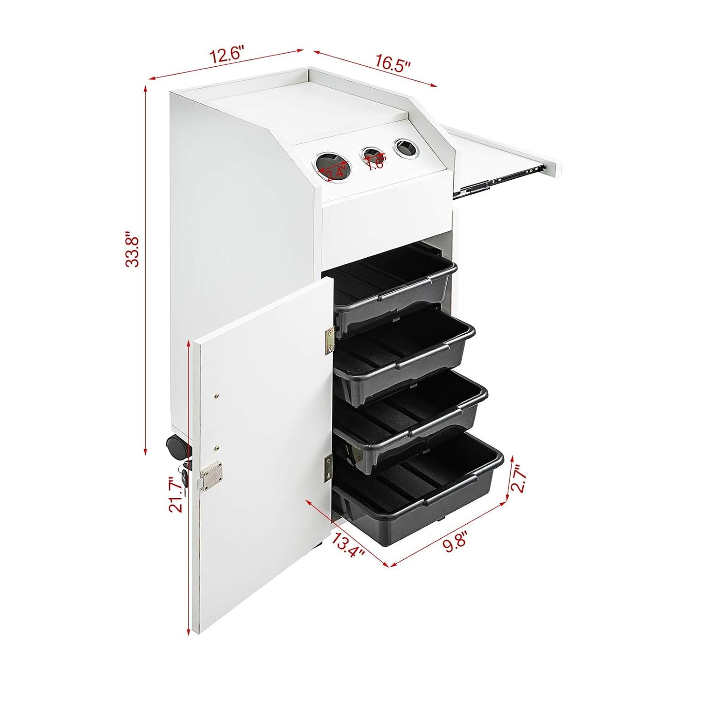 VEVOR Salon SPA Beauty Hairdressing Cart White Storage Trolley with 4 Drawers Rolling Wheels Lockable 2 Keys with Hairdryer Holder Space-Saving Side Tray