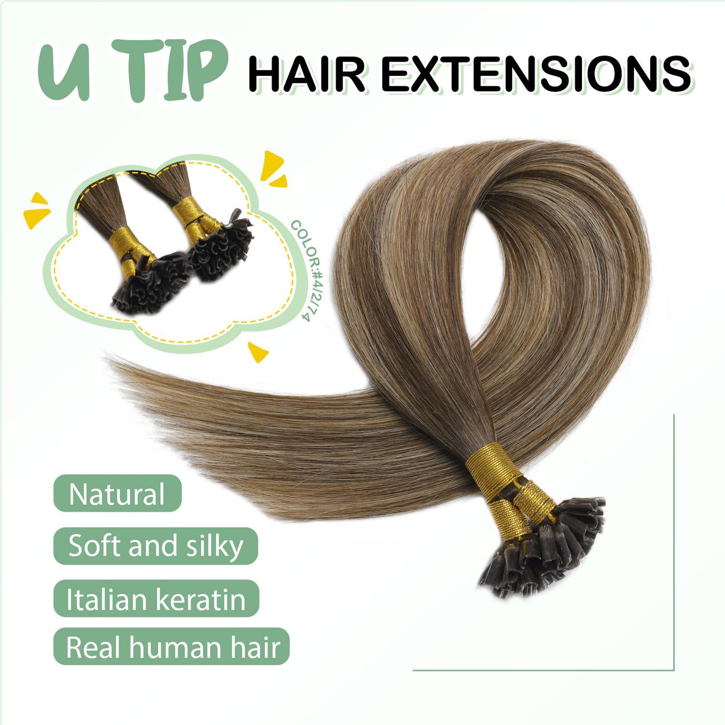 U Tip Hair Extensions Real Human Hair 50 Strands 50g 20inch Balayage Ombre Walnut Brown to Ash Brown and Blonde Pre Bonded Hair Extensions Nail U Tip Hair Extensions #3/8/22 20inch