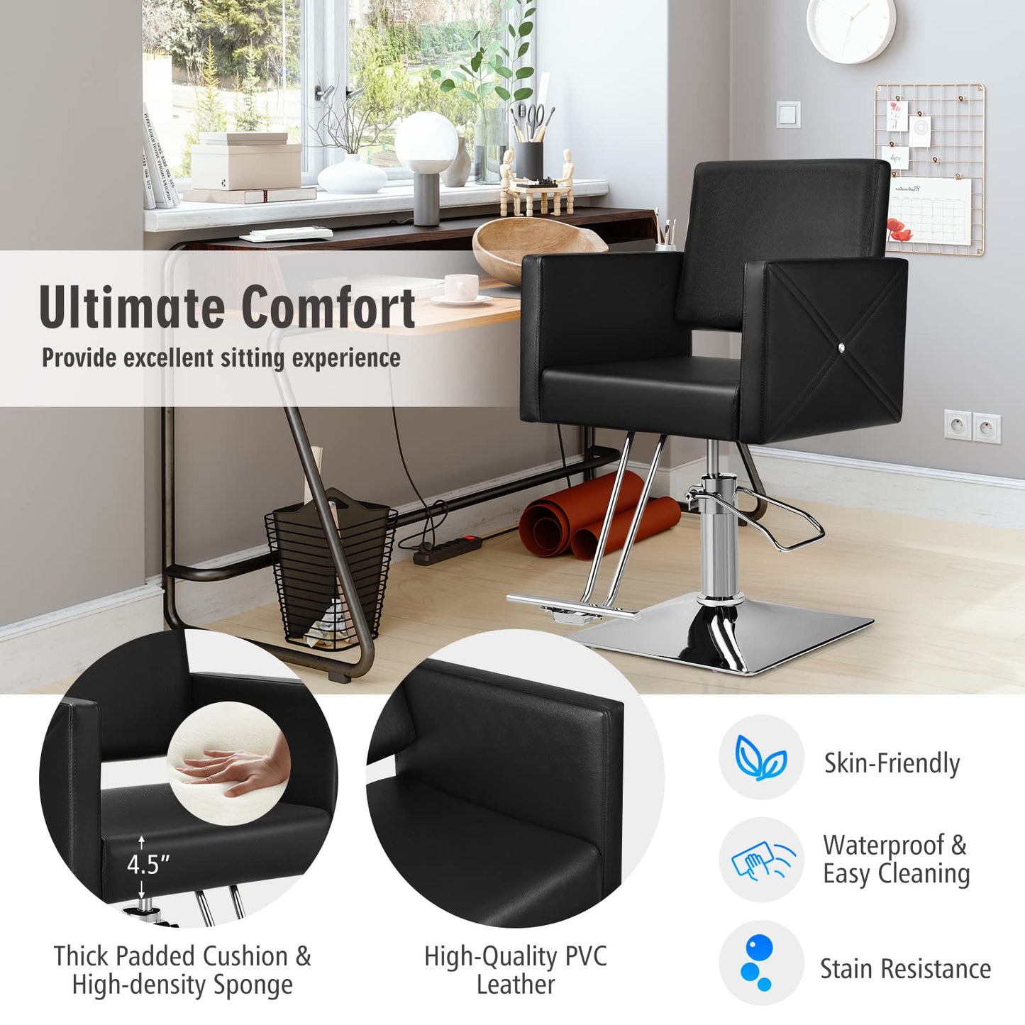 Giantex Reclining Salon Chair, Height Adjustable Heavy Duty Hydraulic Pump, Removable Headrest, Makeup Tattoo Station Barbershop Home, Swivel Barber Chair for Hair Stylist (Black, Luxury)