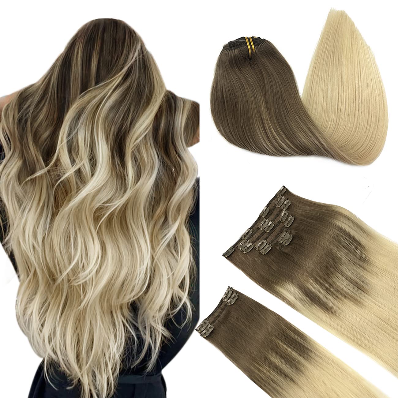 DOORES Seamless Clip in Hair Extensions Real Human Hair, Jet Black 150g 7pcs 20 Inch, Hair Extensions Clip in Human Hair Extensions Clip ins with Thin Weft Thick Straight Hair