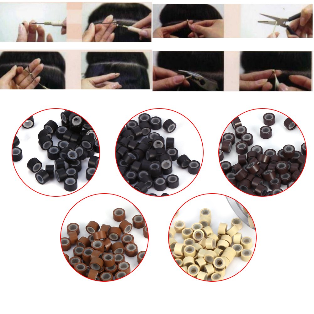 Hair Extension, 500Pcs 5mm Silicone Lined Link Rings Beads Loops For Human Hair Tool(Medium Brown)