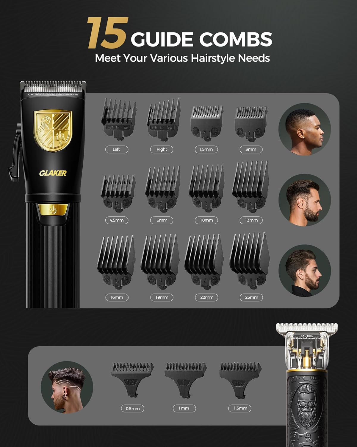 GLAKER Professional Hair Clippers for Men - Cordless Hair Clippers and Hair Trimmer Combo, Complete Barber Kit with 15 Fading Guards & Storage Bag for Hair Trimming & Beard Grooming, Ideal Gifts for Mens At-Home Haircuts