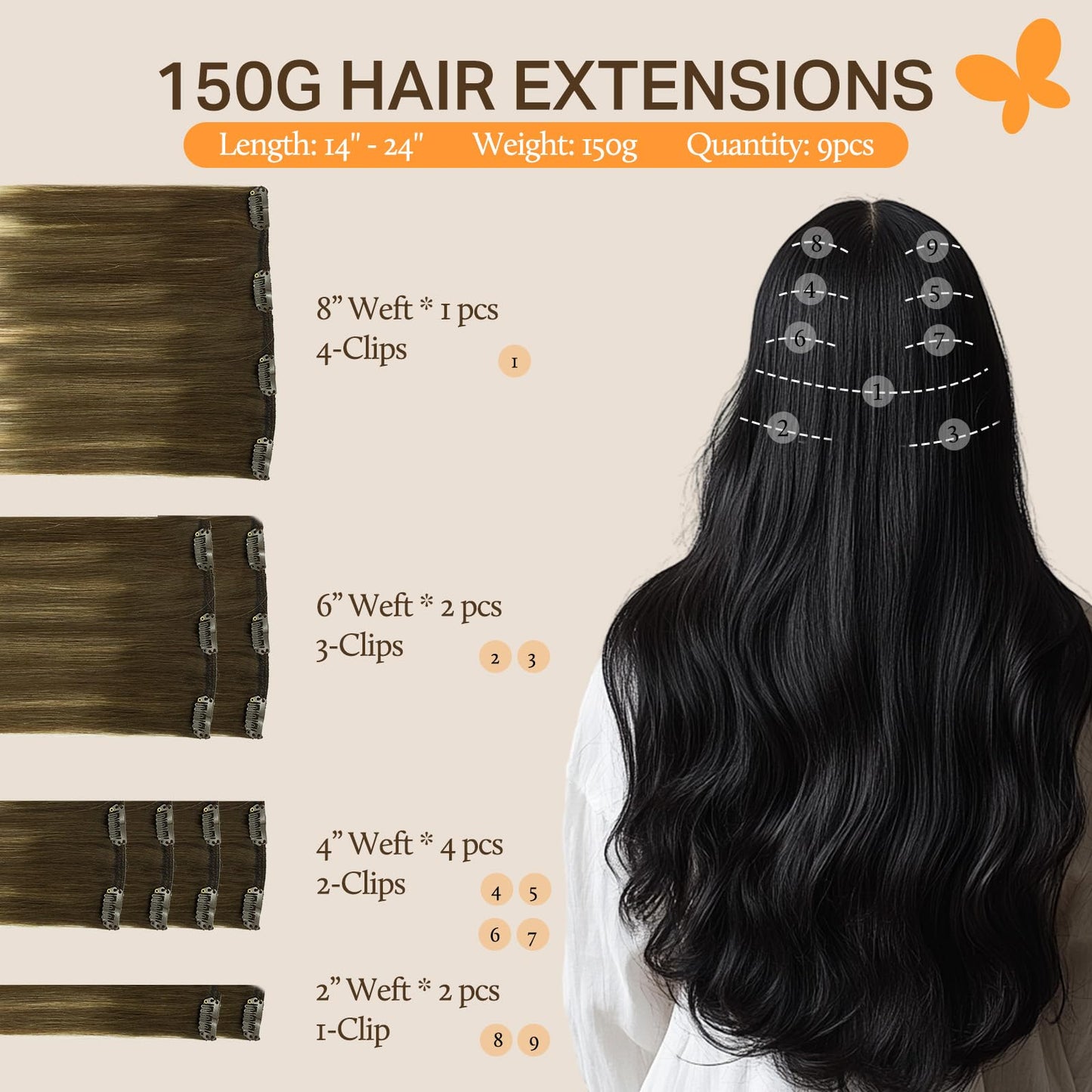 DOORES Seamless Clip in Hair Extensions Real Human Hair, Jet Black 150g 7pcs 20 Inch, Hair Extensions Clip in Human Hair Extensions Clip ins with Thin Weft Thick Straight Hair