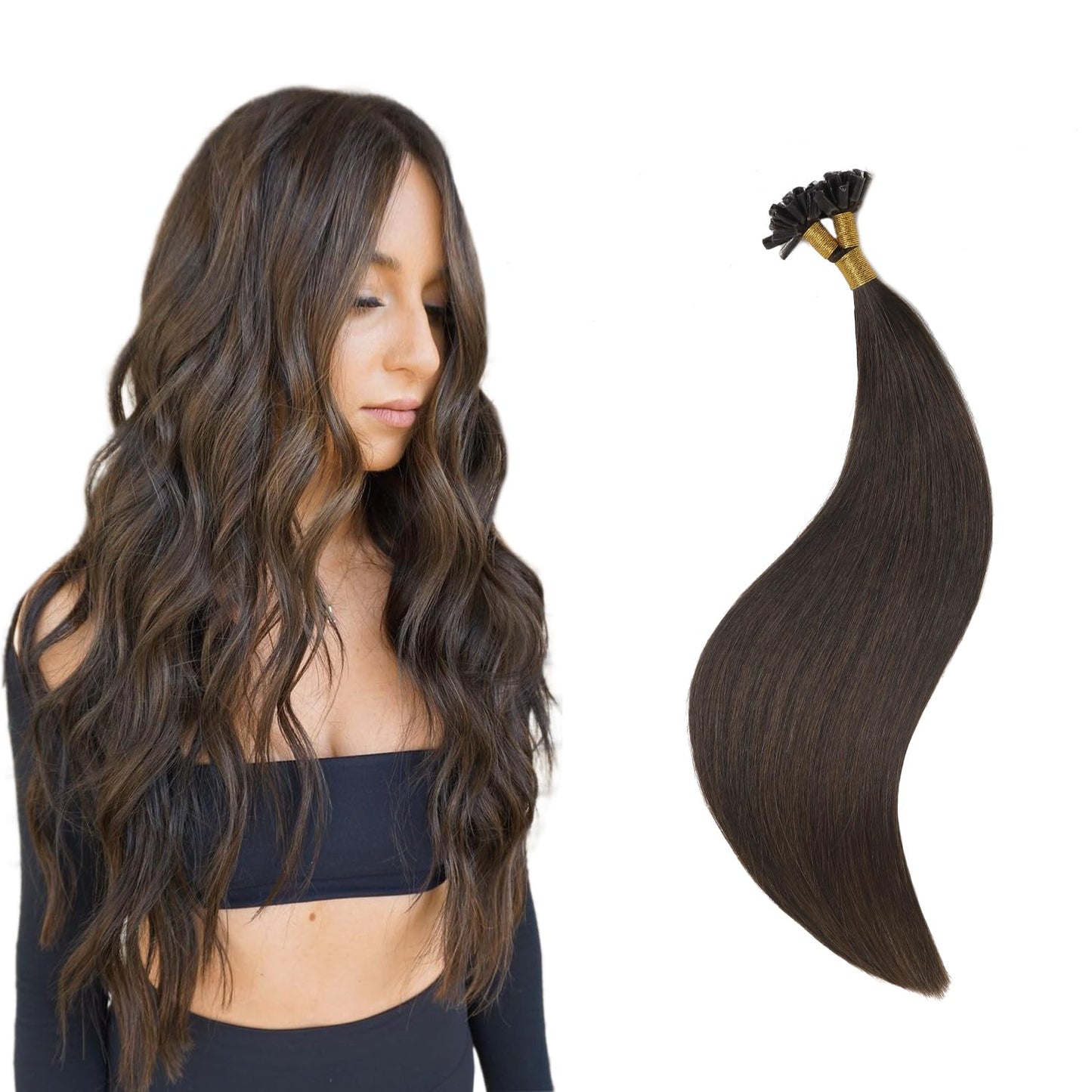 U Tip Hair Extensions Real Human Hair 50 Strands 50g 20inch Balayage Ombre Walnut Brown to Ash Brown and Blonde Pre Bonded Hair Extensions Nail U Tip Hair Extensions #3/8/22 20inch