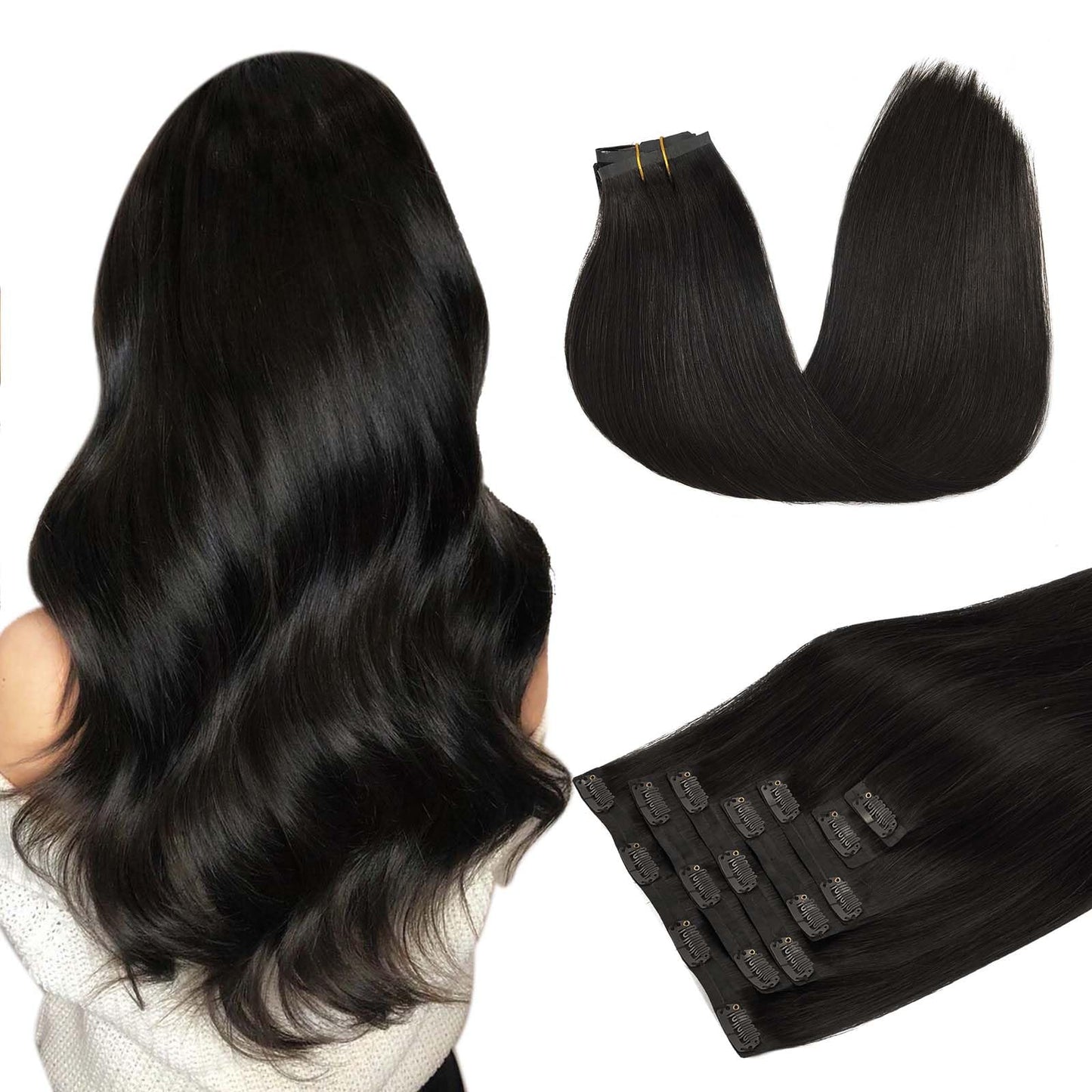 DOORES Seamless Clip in Hair Extensions Real Human Hair, Jet Black 150g 7pcs 20 Inch, Hair Extensions Clip in Human Hair Extensions Clip ins with Thin Weft Thick Straight Hair