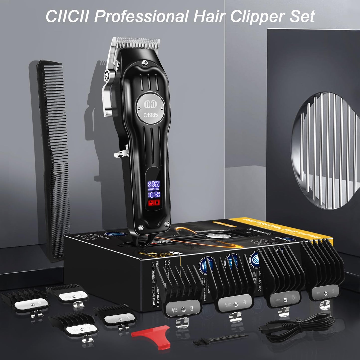 CIICII Hair Clippers for Men Professional, Cordless Barber Clippers for Hair Cutting (12Pcs Rechargeable USB Adjustable LCD Display Hair Beard Grooming Trimming Haircut Kit) for DIY Home Barber Salon