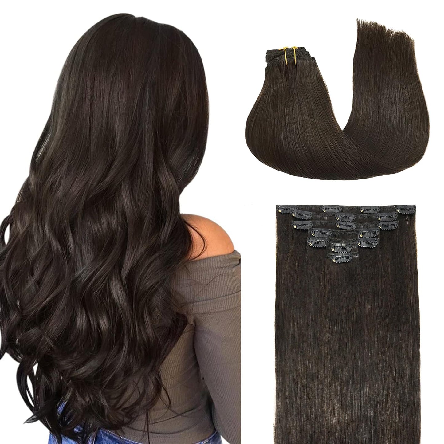 DOORES Seamless Clip in Hair Extensions Real Human Hair, Jet Black 150g 7pcs 20 Inch, Hair Extensions Clip in Human Hair Extensions Clip ins with Thin Weft Thick Straight Hair
