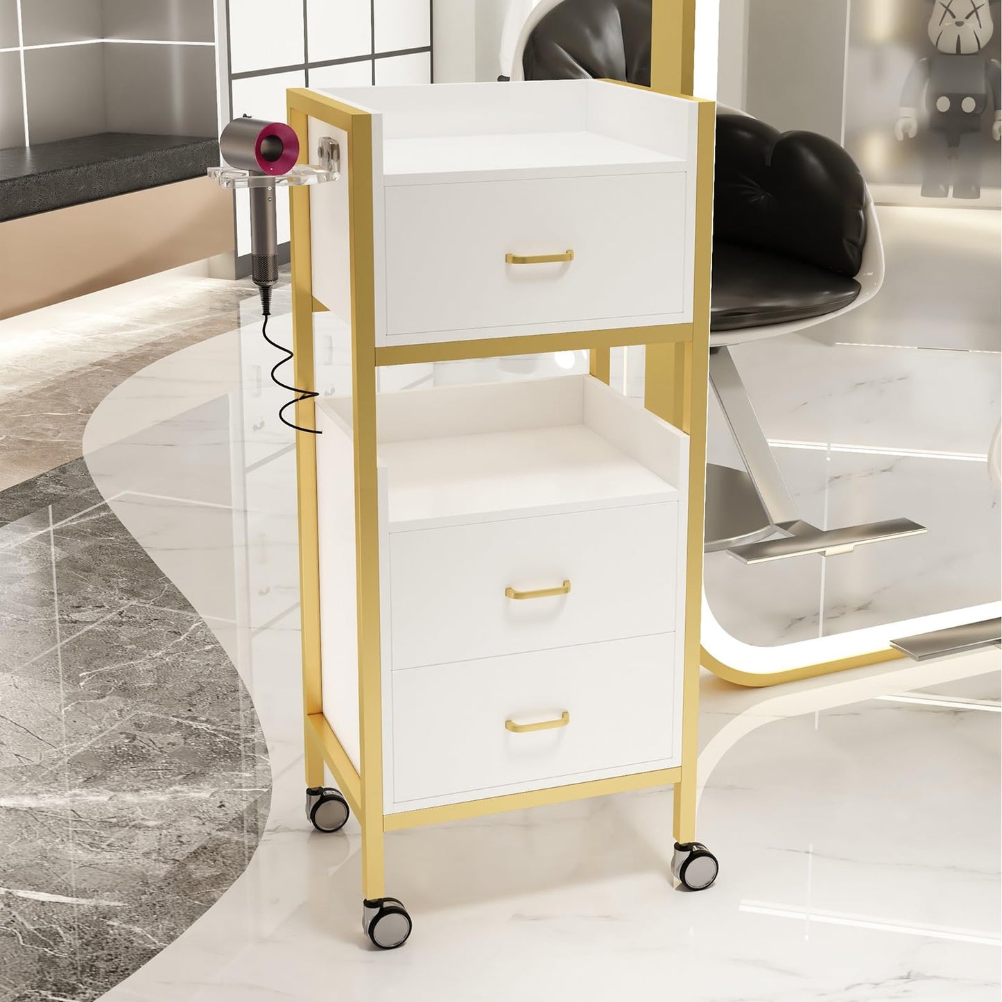 Hair Styling Salon Trolley Cart with Wheels and 3 Drawers Salon Storage Trolley Cart with Dryer Holder for Barber Hairdresser Cosmetology Stylist Storage Station(White)
