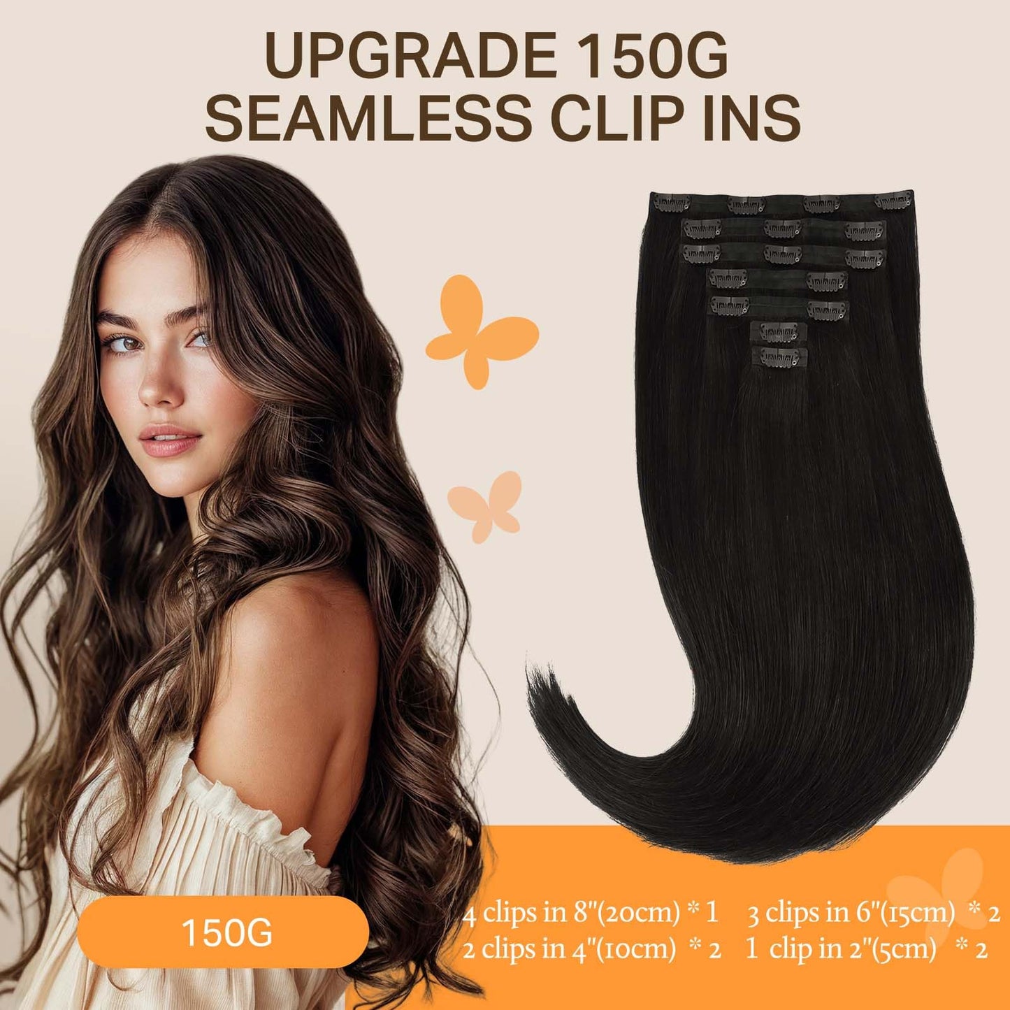 DOORES Seamless Clip in Hair Extensions Real Human Hair, Jet Black 150g 7pcs 20 Inch, Hair Extensions Clip in Human Hair Extensions Clip ins with Thin Weft Thick Straight Hair