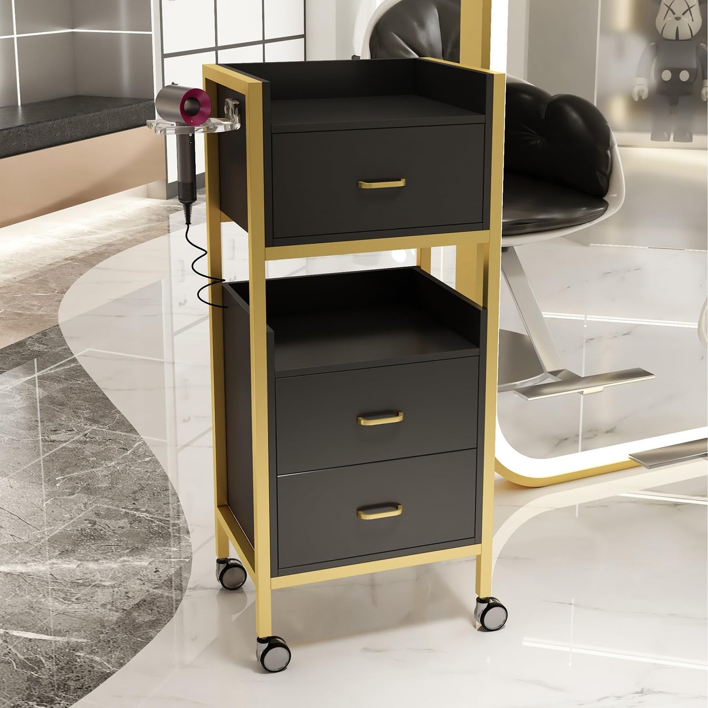 Hair Styling Salon Trolley Cart with Wheels and 3 Drawers Salon Storage Trolley Cart with Dryer Holder for Barber Hairdresser Cosmetology Stylist Storage Station(White)