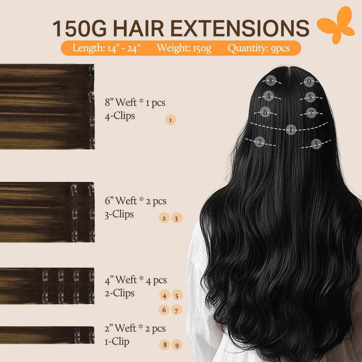 DOORES Seamless Clip in Hair Extensions Real Human Hair, Jet Black 150g 7pcs 20 Inch, Hair Extensions Clip in Human Hair Extensions Clip ins with Thin Weft Thick Straight Hair