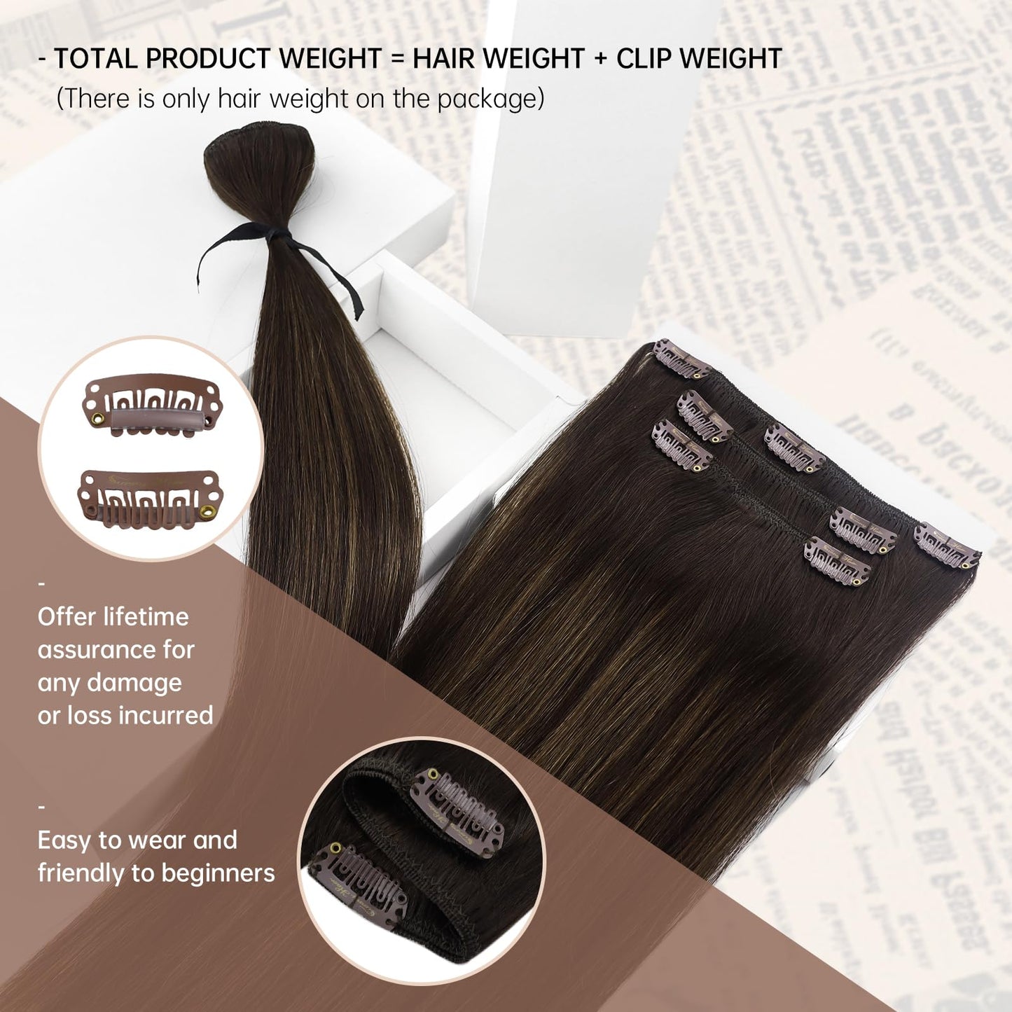 Clip in Hair Extensions Remy Human Hair Extensions for Women Real Hair Clip in Extensions Double Weft Dark Brown Balayage Medium Brown (12 inch-5pcs/80g, 14-24 inch-7pcs/120g)