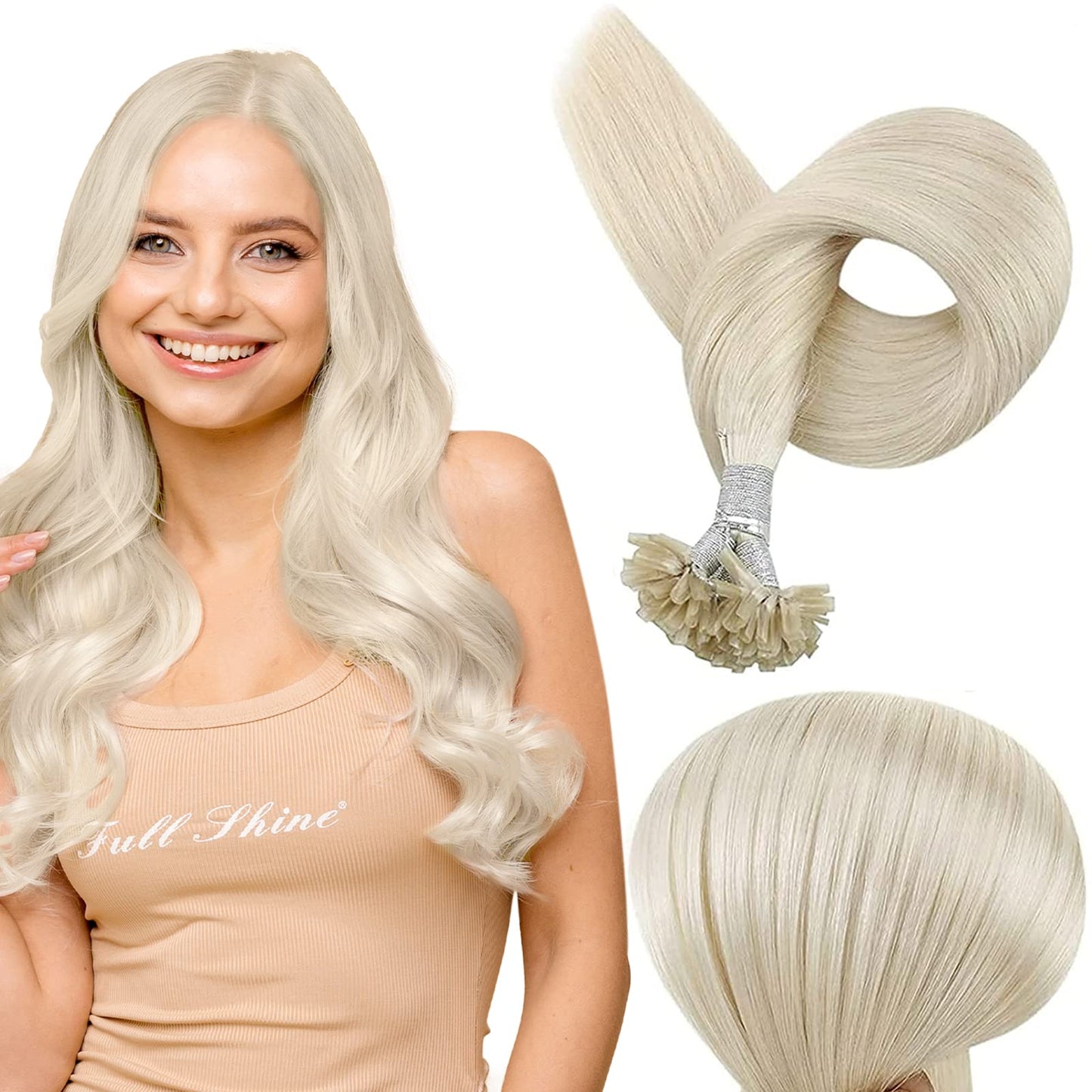 Full Shine Cold Fusion Prebonded Human Hair Extensions with Microbeads Color 18 Ash Blonde Highlighted 613 Blonde Micro Link Straight Hair 22 Inch Natural Hair Extensions for Women 50 Strands