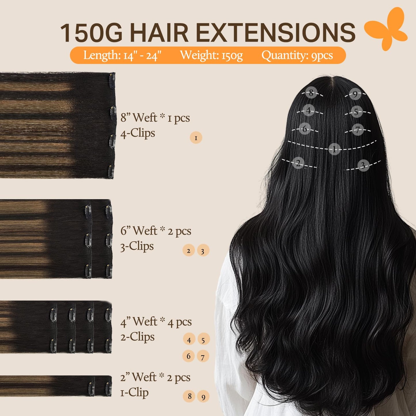 DOORES Seamless Clip in Hair Extensions Real Human Hair, Jet Black 150g 7pcs 20 Inch, Hair Extensions Clip in Human Hair Extensions Clip ins with Thin Weft Thick Straight Hair