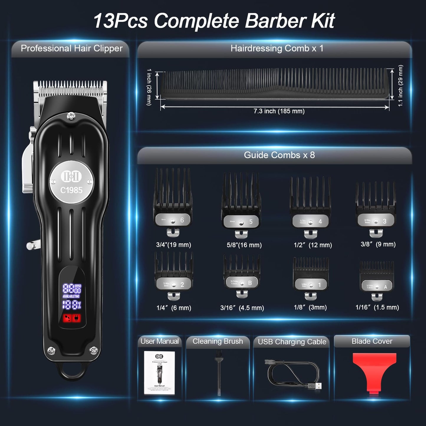 CIICII Hair Clippers for Men Professional, Cordless Barber Clippers for Hair Cutting (12Pcs Rechargeable USB Adjustable LCD Display Hair Beard Grooming Trimming Haircut Kit) for DIY Home Barber Salon