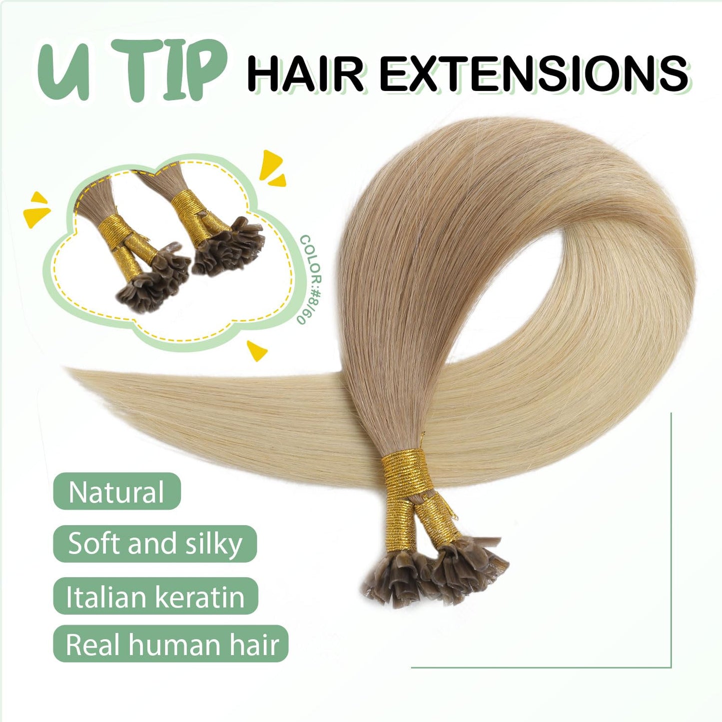 U Tip Hair Extensions Real Human Hair 50 Strands 50g 20inch Balayage Ombre Walnut Brown to Ash Brown and Blonde Pre Bonded Hair Extensions Nail U Tip Hair Extensions #3/8/22 20inch