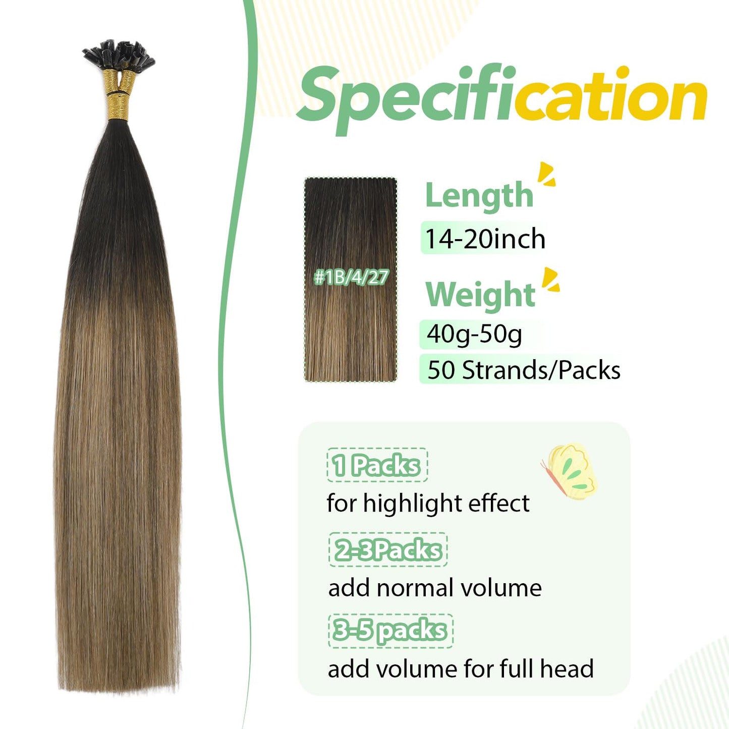 U Tip Hair Extensions Real Human Hair 50 Strands 50g 20inch Balayage Ombre Walnut Brown to Ash Brown and Blonde Pre Bonded Hair Extensions Nail U Tip Hair Extensions #3/8/22 20inch