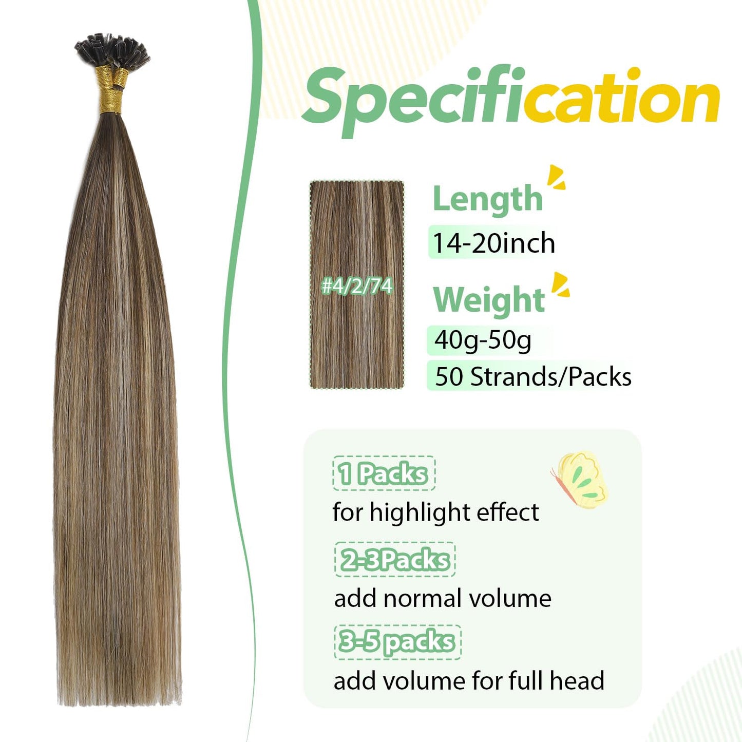 U Tip Hair Extensions Real Human Hair 50 Strands 50g 20inch Balayage Ombre Walnut Brown to Ash Brown and Blonde Pre Bonded Hair Extensions Nail U Tip Hair Extensions #3/8/22 20inch
