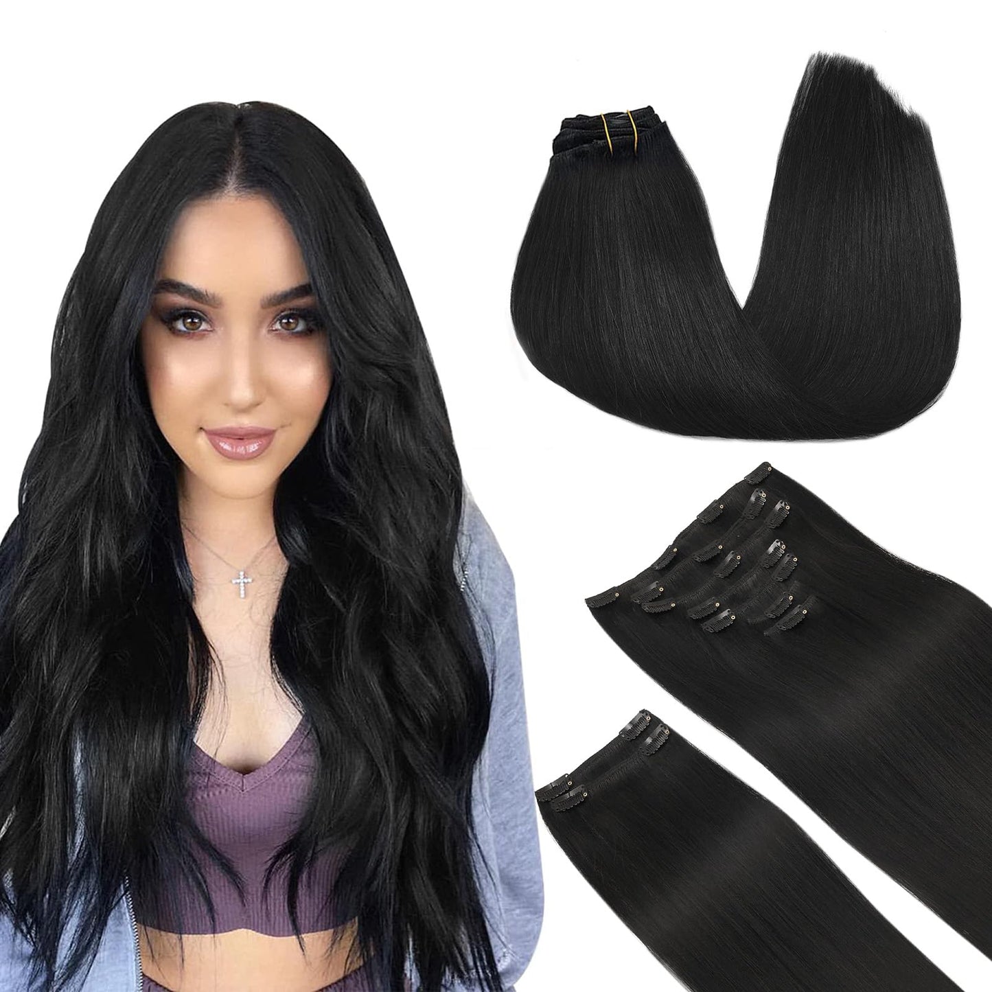 DOORES Seamless Clip in Hair Extensions Real Human Hair, Jet Black 150g 7pcs 20 Inch, Hair Extensions Clip in Human Hair Extensions Clip ins with Thin Weft Thick Straight Hair