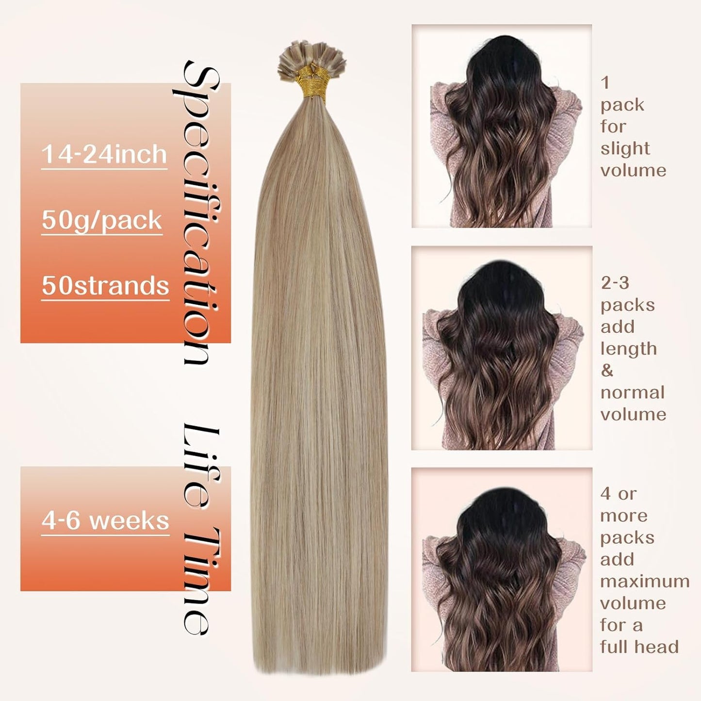 Remy Flat Tip Hair Extensions Human Hair Keratin Fusion Hair Extensions Real Human Hair Extensions for Women 50G/50S Warm Ash Blonde Highlight Bleach Blonde 16inch