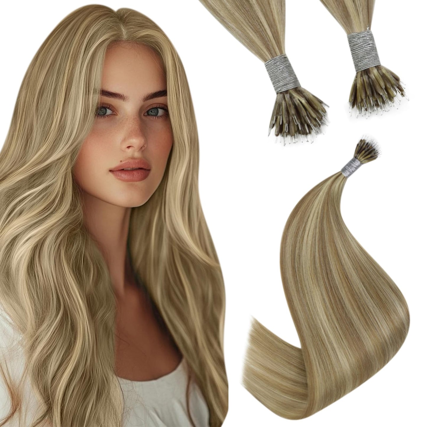 REMY premium Micro Link Hair Extensions Highlight Micro Loop Hair Extensions Real Human Hair Light Brown Highlights Blonde Micro Extensions Real Human Hair Add Hair Volume 18 Inch 50s/50g