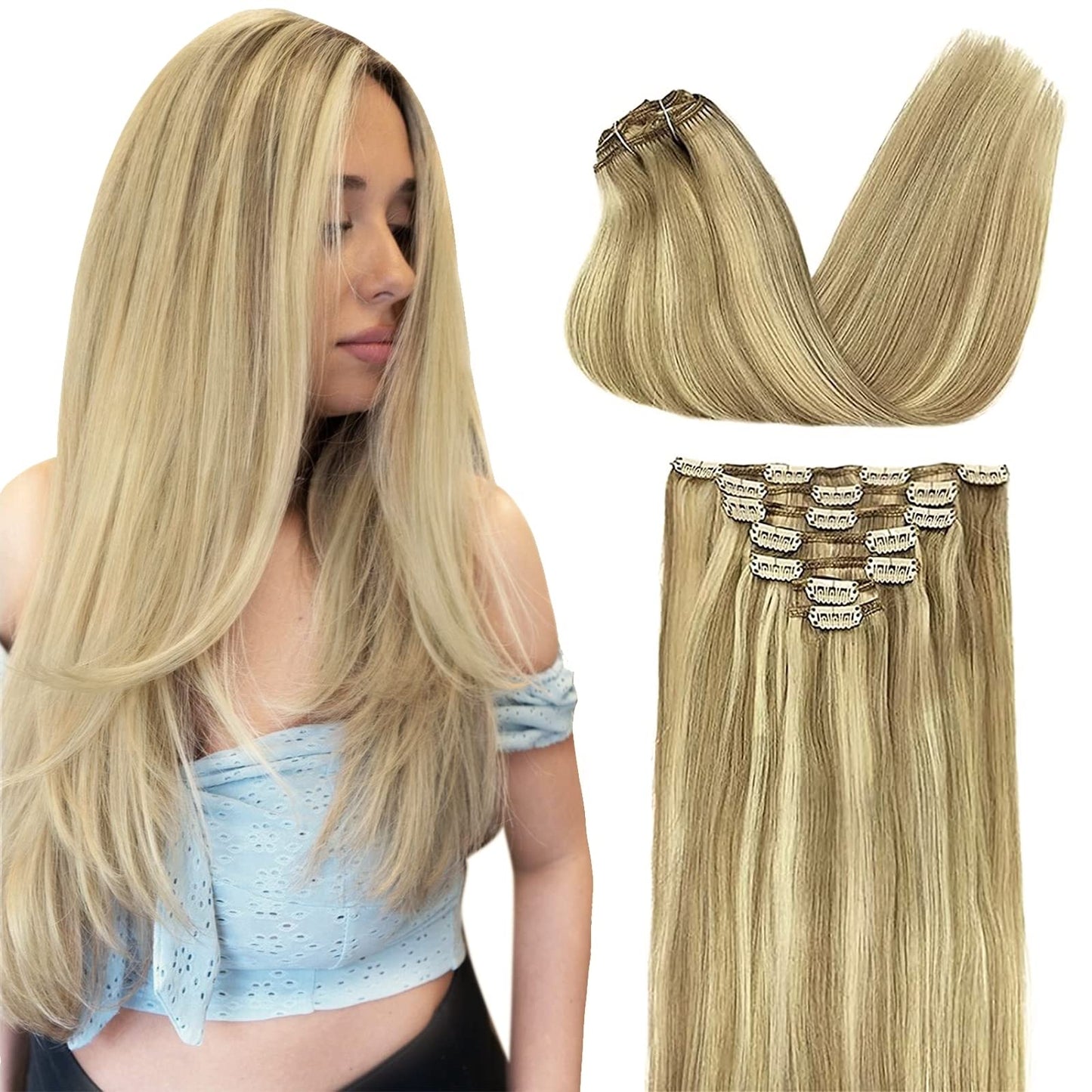 DOORES Seamless Clip in Hair Extensions Real Human Hair, Jet Black 150g 7pcs 20 Inch, Hair Extensions Clip in Human Hair Extensions Clip ins with Thin Weft Thick Straight Hair