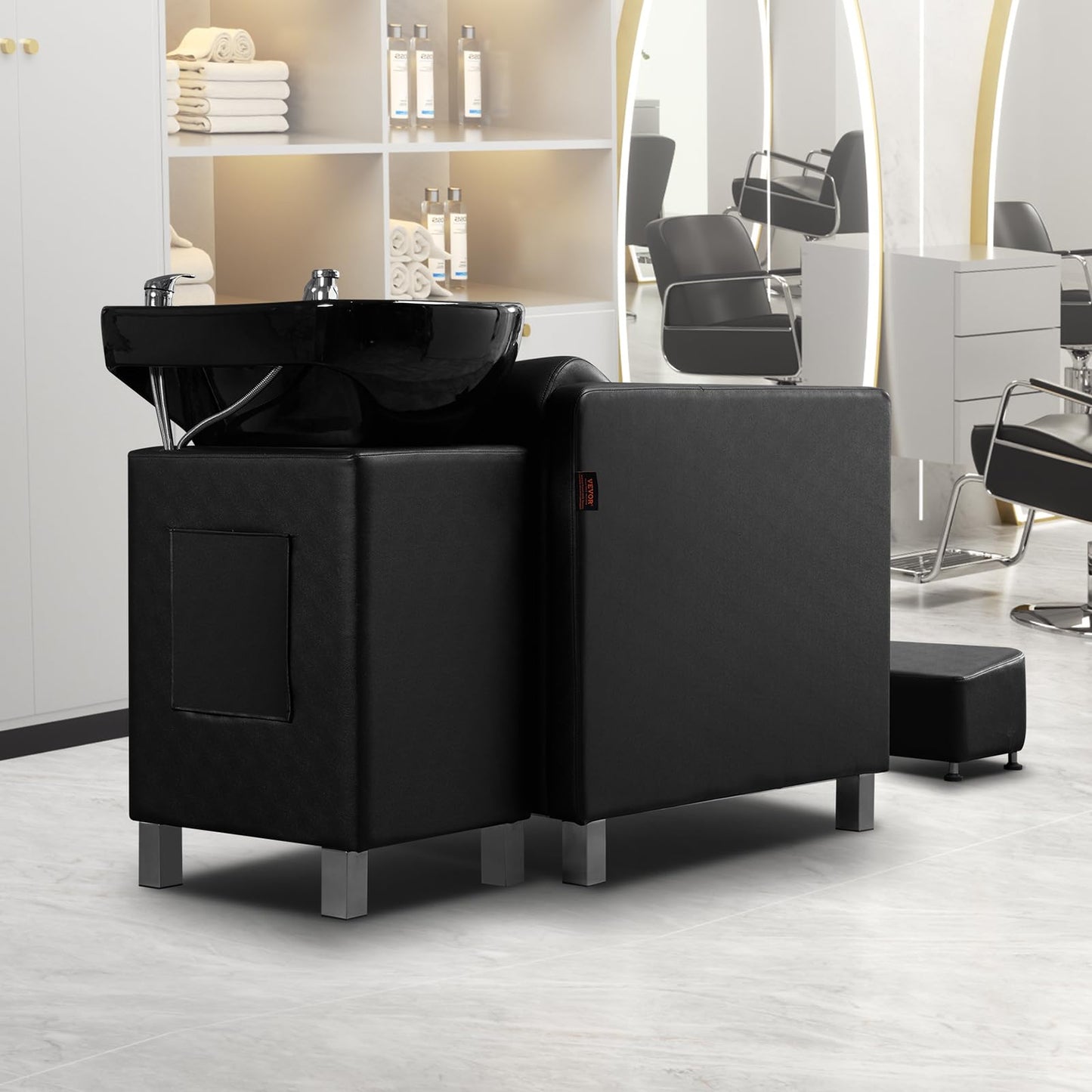 VEVOR Shampoo Backwash Chair, 661.4 LBS Loading Salon & Spa Hair Washing Station, Backwash Barber Shampoo Bowl and Chair, Beauty Spa Massage Hairdressing Equipment with Ceramic Bowl and Wide Footrest