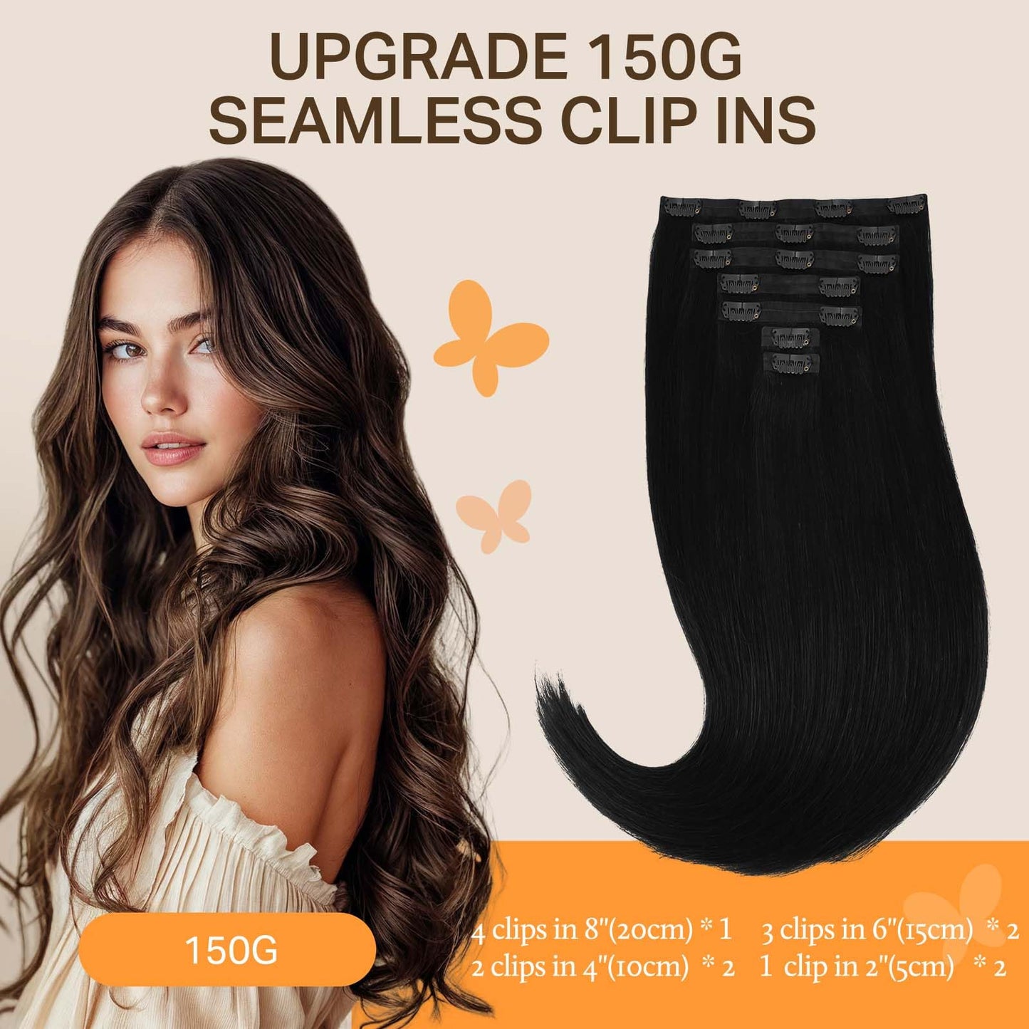 DOORES Seamless Clip in Hair Extensions Real Human Hair, Jet Black 150g 7pcs 20 Inch, Hair Extensions Clip in Human Hair Extensions Clip ins with Thin Weft Thick Straight Hair