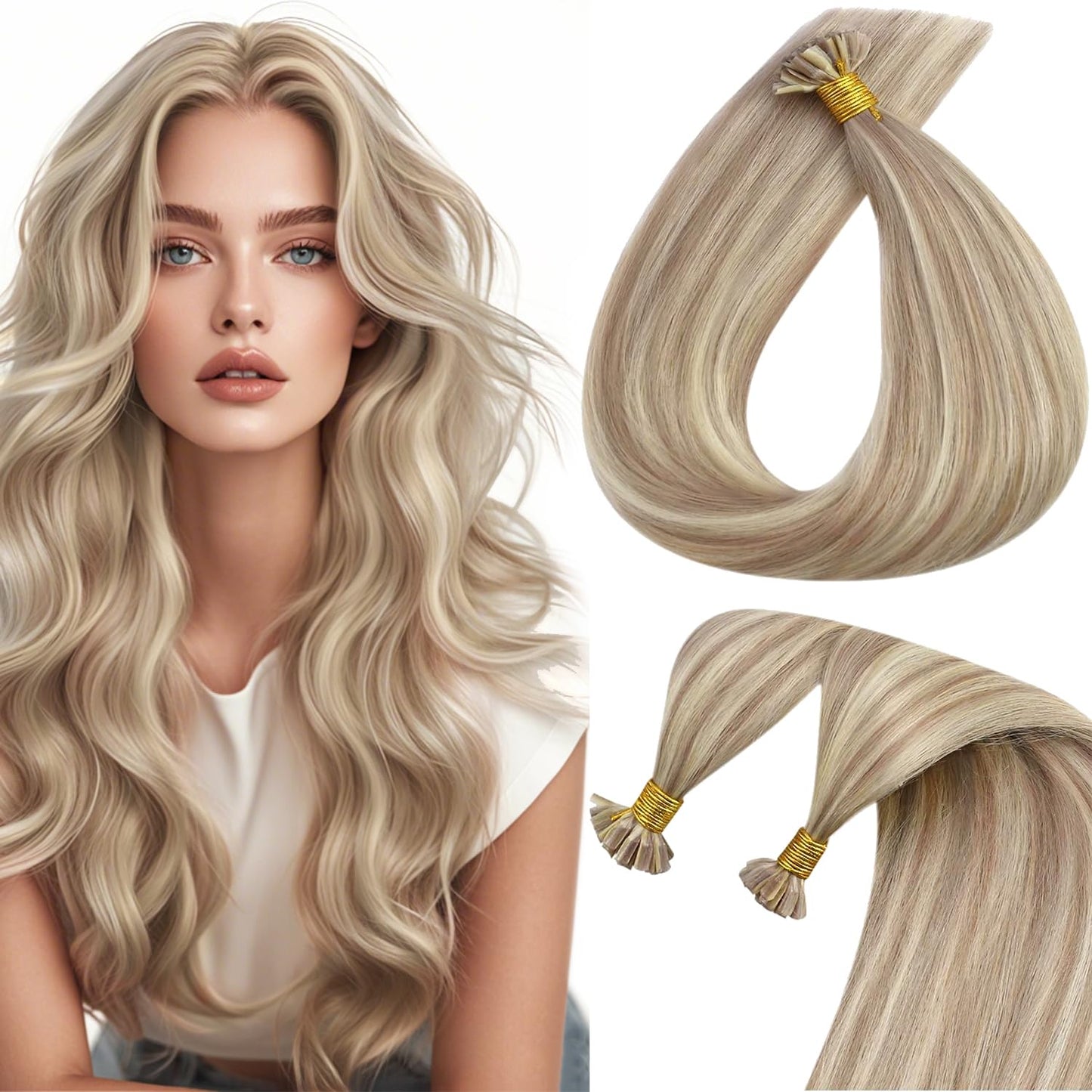 Remy Flat Tip Hair Extensions Human Hair Keratin Fusion Hair Extensions Real Human Hair Extensions for Women 50G/50S Warm Ash Blonde Highlight Bleach Blonde 16inch