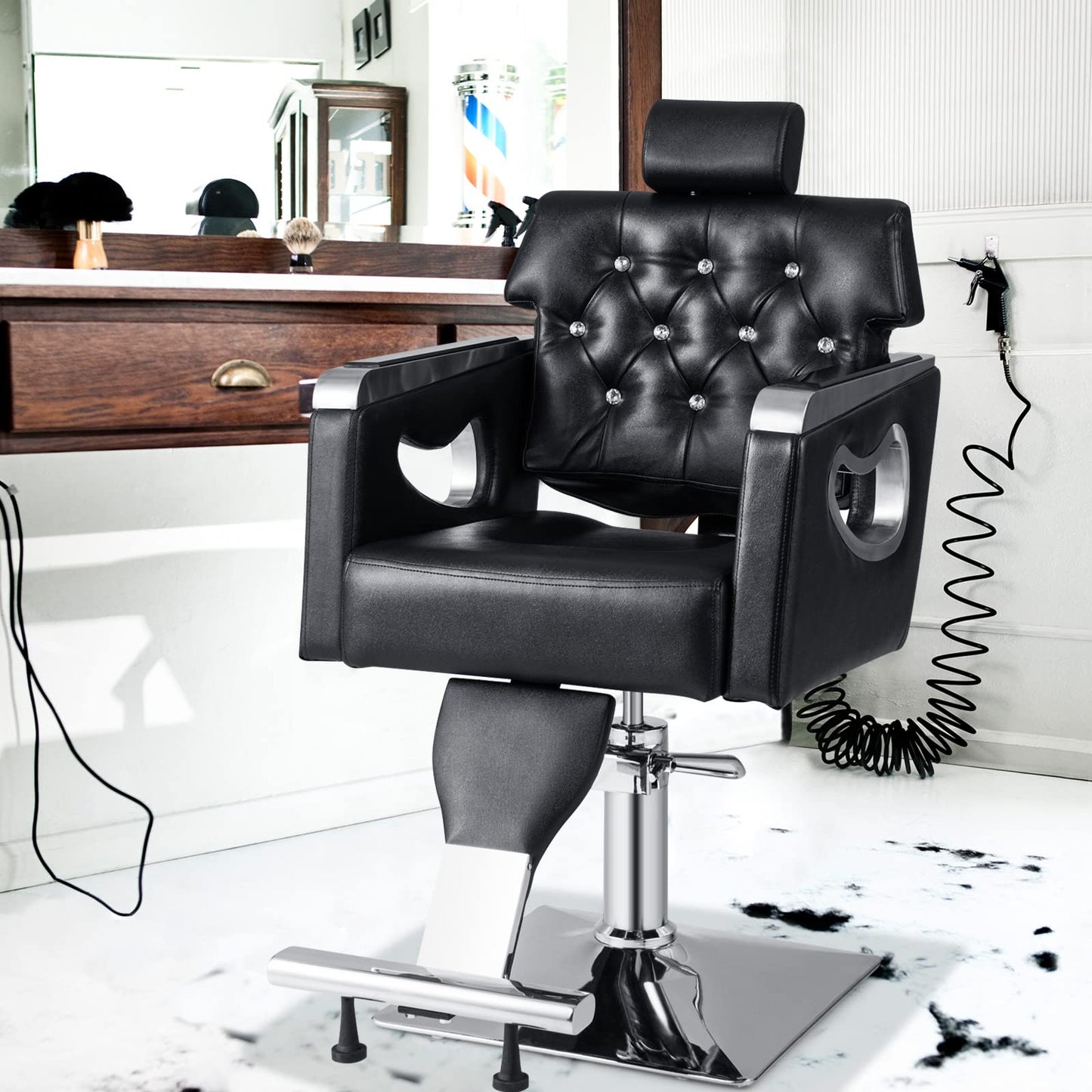 Giantex Reclining Salon Chair, Height Adjustable Heavy Duty Hydraulic Pump, Removable Headrest, Makeup Tattoo Station Barbershop Home, Swivel Barber Chair for Hair Stylist (Black, Luxury)