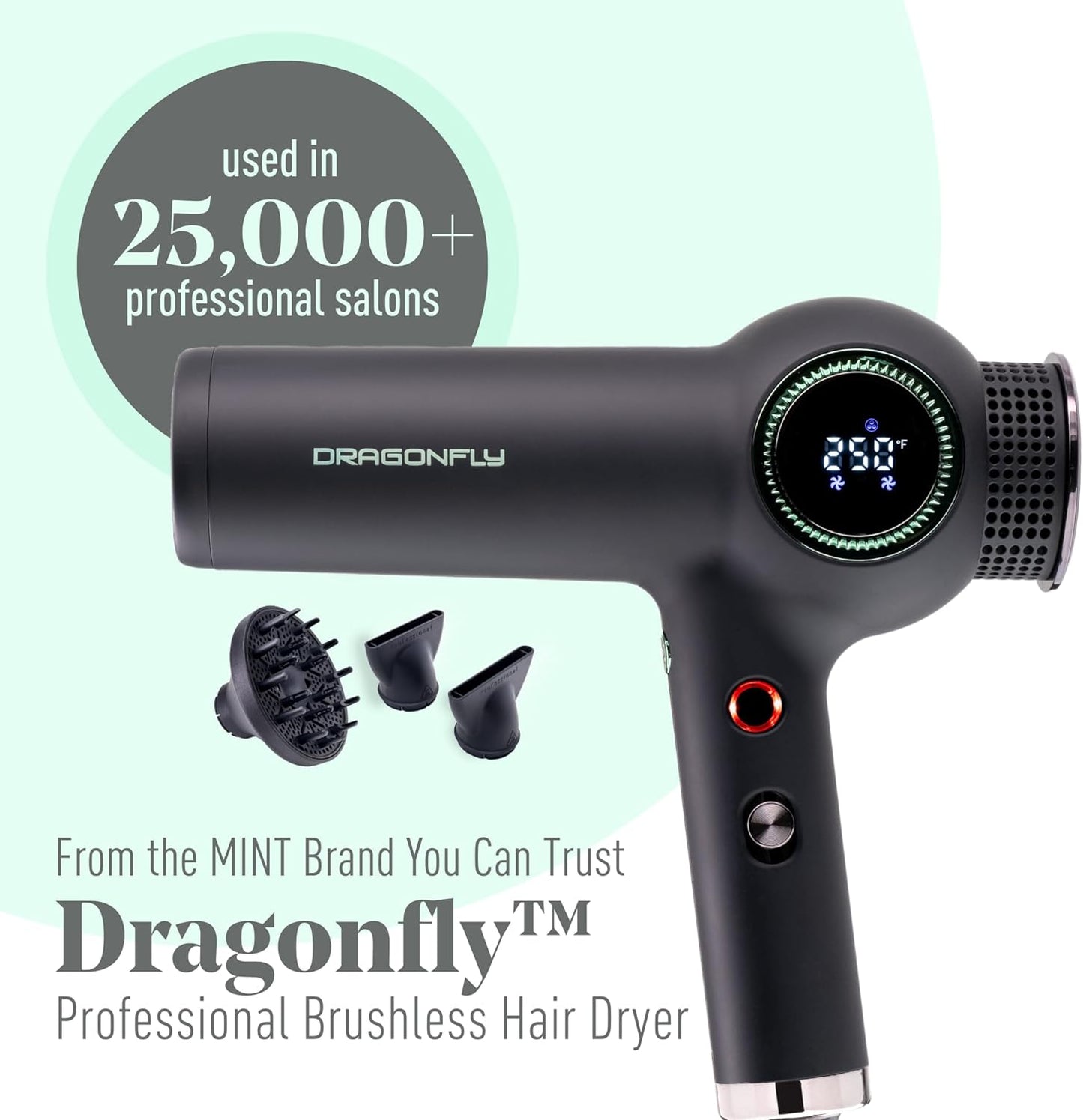 MINT Dragonfly Ionic Hair Dryer with Diffuser | Lightweight Professional Hair Dryer | Smart Negative Ion Hair Dryer | High Speed Hair Dryer | Brushless Hair Dryer Ionic Blow Dryer | Low EMF