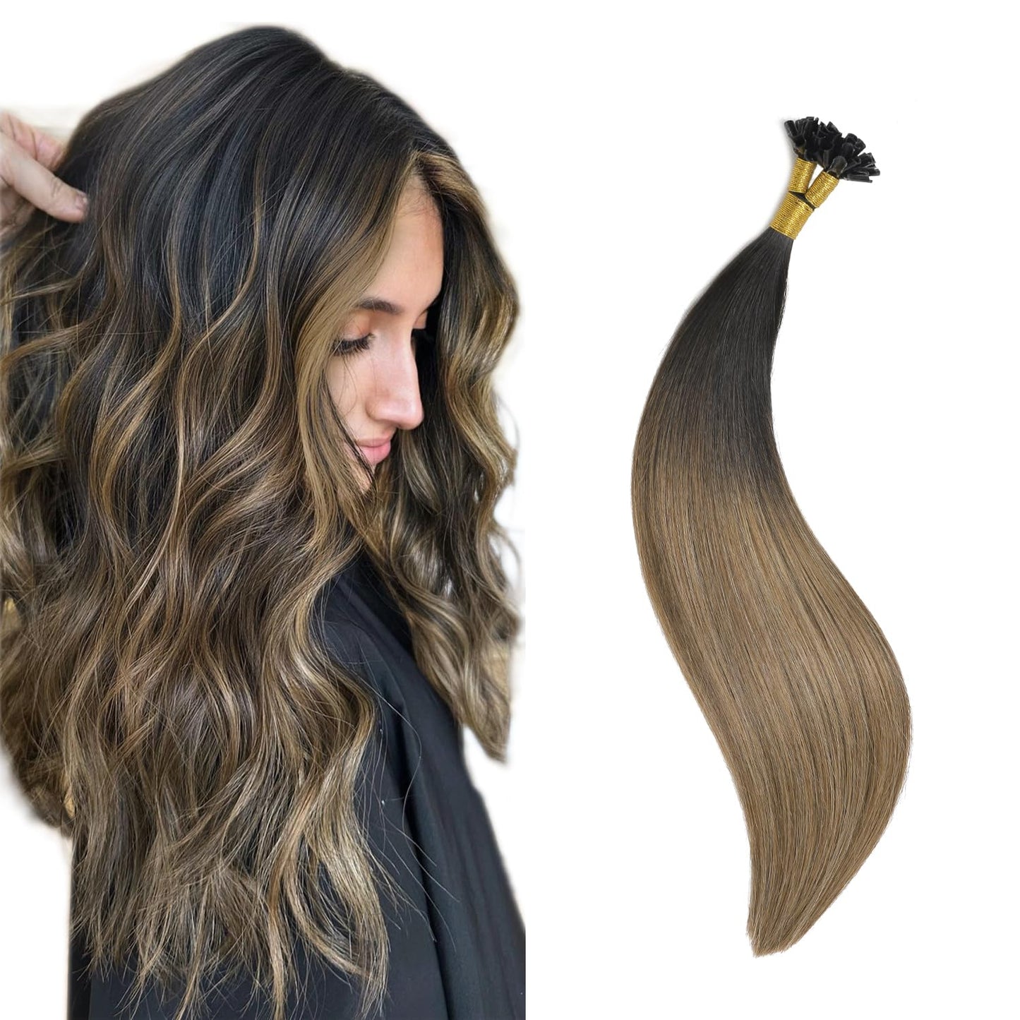 U Tip Hair Extensions Real Human Hair 50 Strands 50g 20inch Balayage Ombre Walnut Brown to Ash Brown and Blonde Pre Bonded Hair Extensions Nail U Tip Hair Extensions #3/8/22 20inch