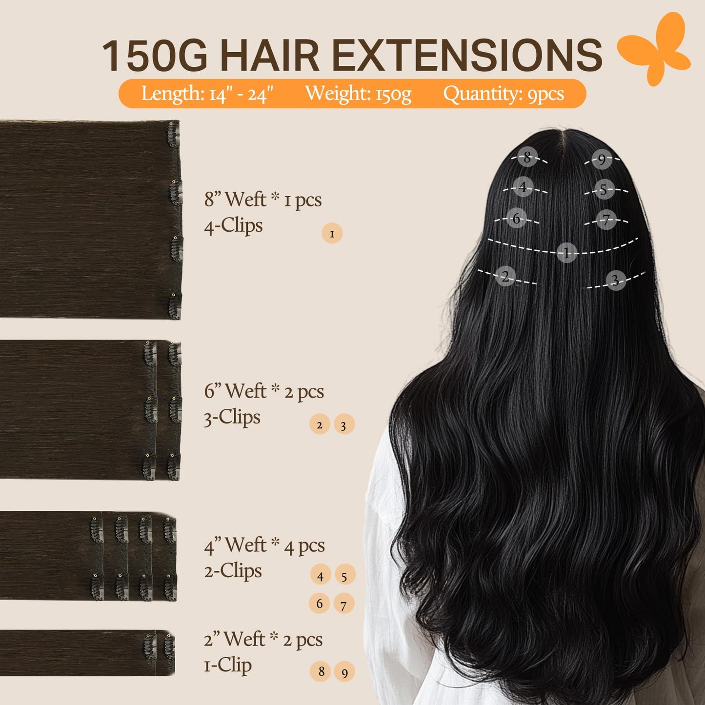 DOORES Seamless Clip in Hair Extensions Real Human Hair, Jet Black 150g 7pcs 20 Inch, Hair Extensions Clip in Human Hair Extensions Clip ins with Thin Weft Thick Straight Hair