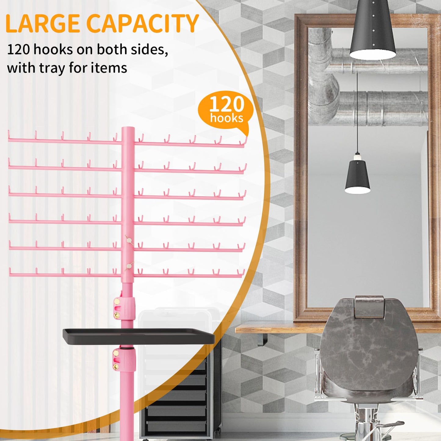 120-Peg Braiding Hair Rack Standing, with Salon Tray Hair Extension Holder Hanger, Hair Divider Rack for Braiding Hair Separator Stand, Hair Braiding Rack Display Stand for Hairstylist Braiders, Pink