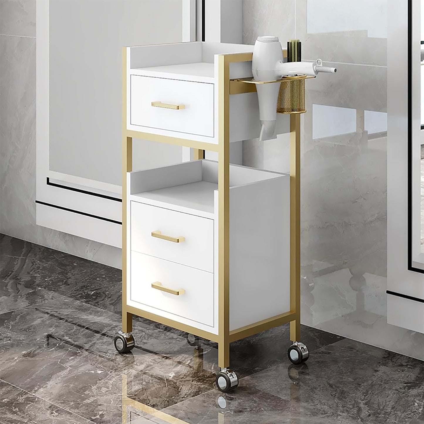 Hair Styling Salon Trolley Cart with Wheels and 3 Drawers Salon Storage Trolley Cart with Dryer Holder for Barber Hairdresser Cosmetology Stylist Storage Station(White)